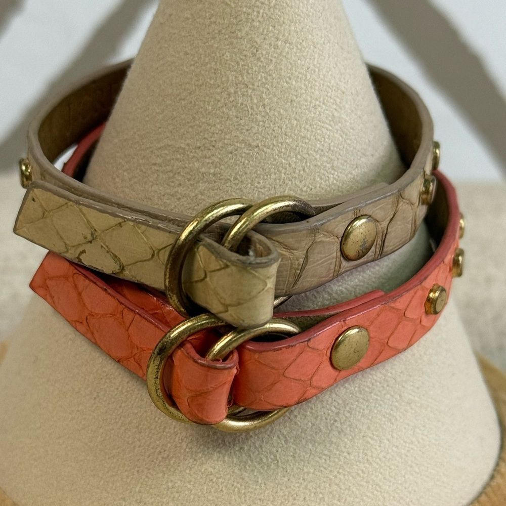 J Crew Genuine Leather Studded Coral & Beige Belt Bracelet Set